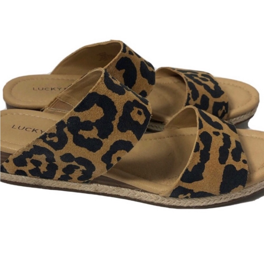 Lucky Brand leopard wedge slide sandals. Size 9.